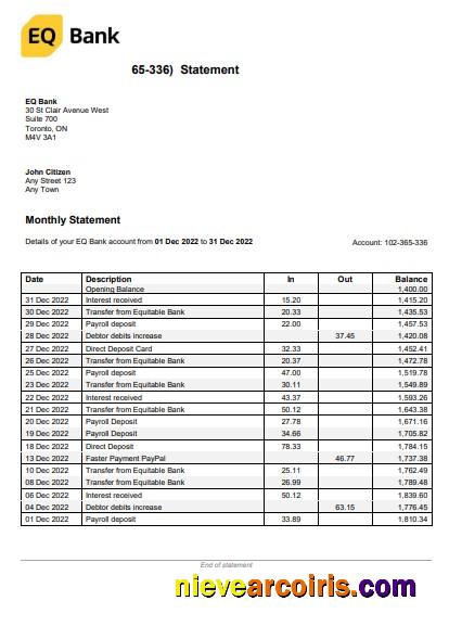 USA Ontario EQ Bank statement Word and PDF